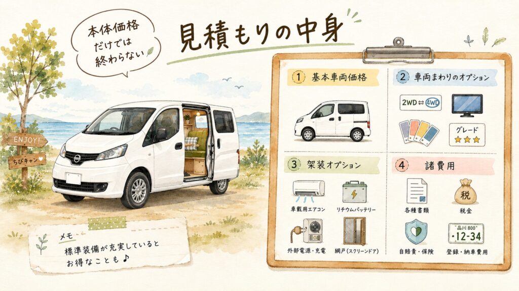 キャンピングカーの見積もりの中身を示すイラスト。基本車両価格・車両まわりのオプション・架装オプション・諸費用の4ブロックで構成される