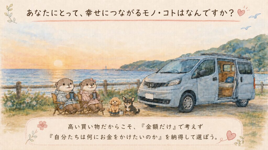 夕暮れの海辺でキャンピングカーのそばにくつろぐラッコ夫婦と愛犬のイラスト