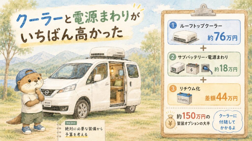 クーラーと電源まわりがいちばん高かったことを示すイラスト。ルーフトップクーラー約76万円、サブバッテリー・電源まわり約18万円、リチウム化の差額44万円