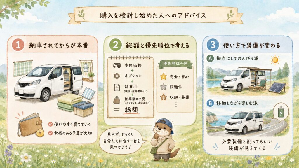 キャンピングカー購入を検討し始めた人への3つのアドバイスのイラスト。納車されてからが本番、総額と優先順位で考える、使い方で装備が変わる