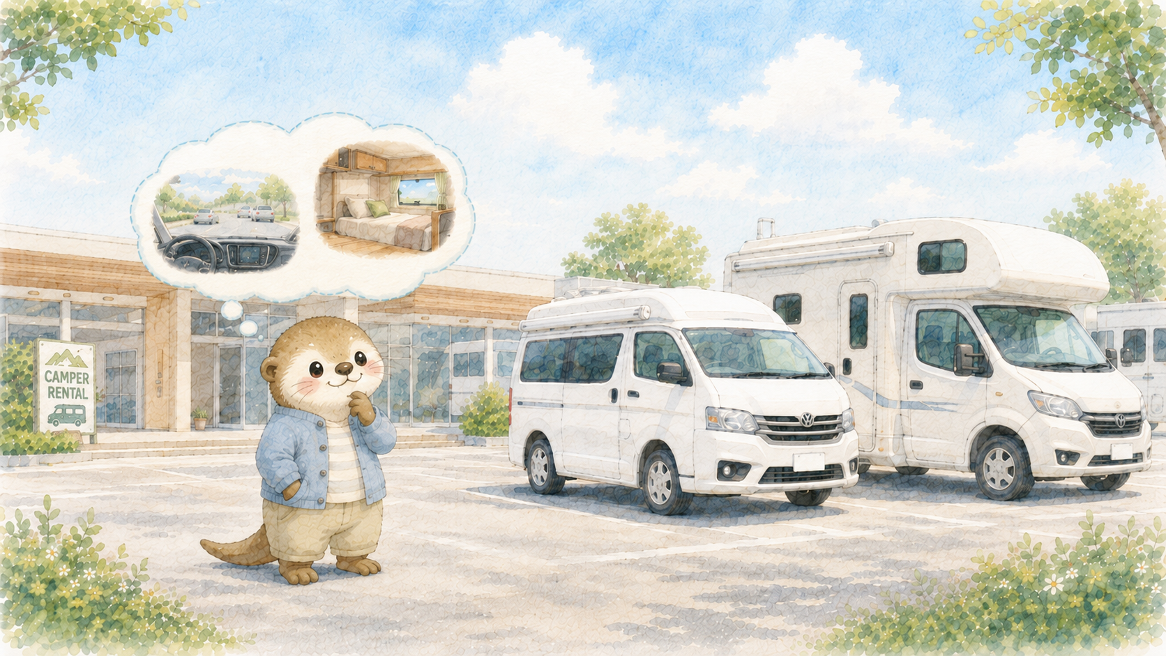 レンタルで何を確かめたいのかを考えているラッコのイラスト