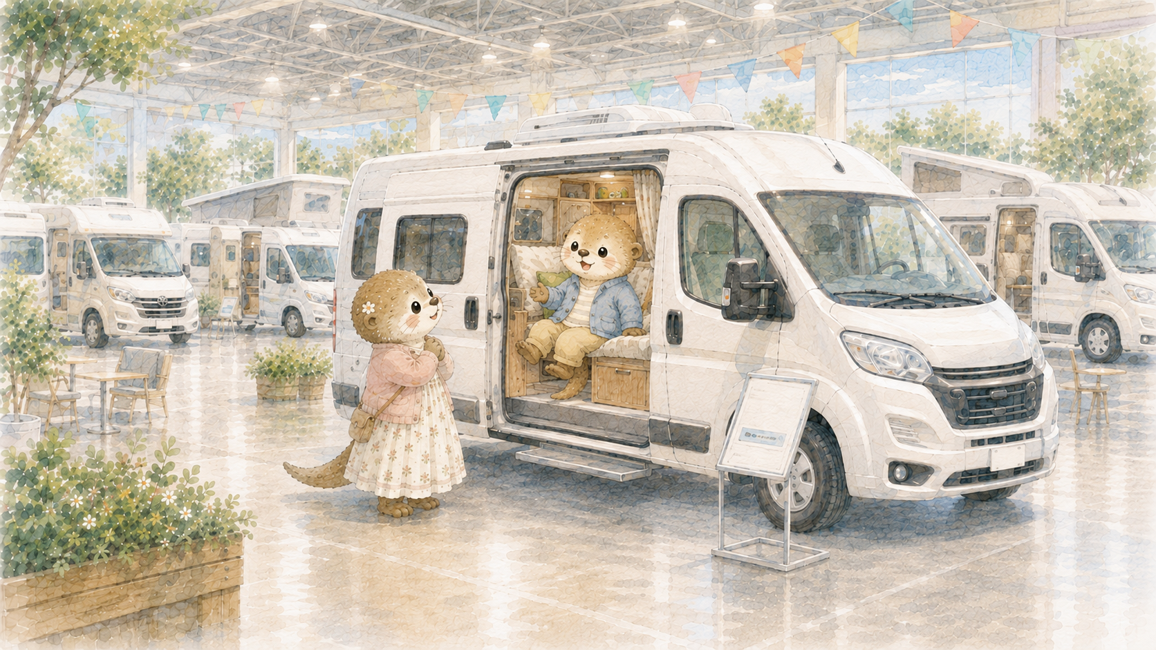 キャンピングカーの展示会で実際に車内に乗り込んで確かめるラッコのイラスト