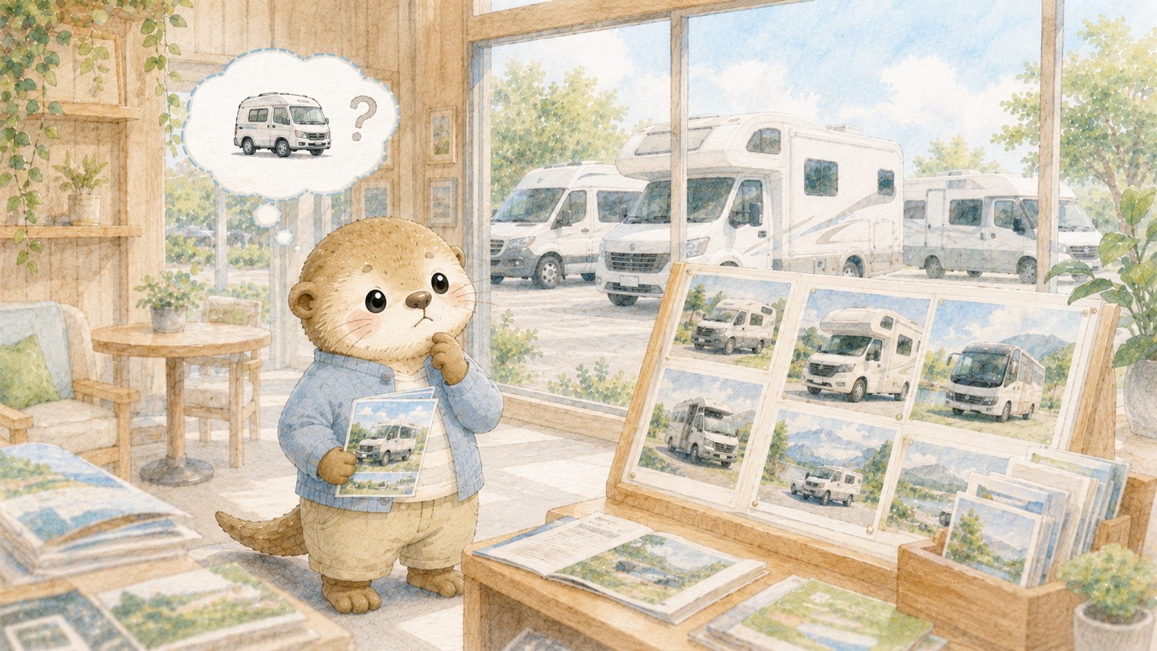 レンタルできるキャンピングカーを探すが大きな車ばかりで見つからないラッコのイラスト